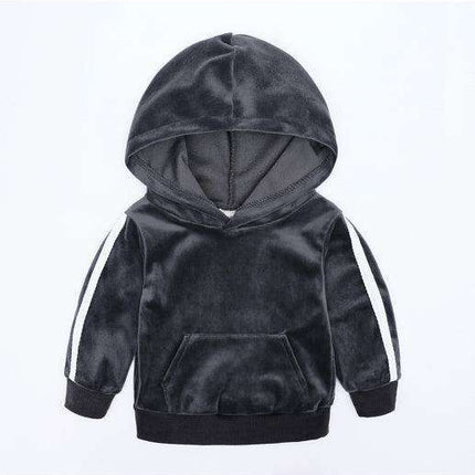 Trendy Gold Velvet Kids Hooded Pajama Set with Sporty Side Stripes