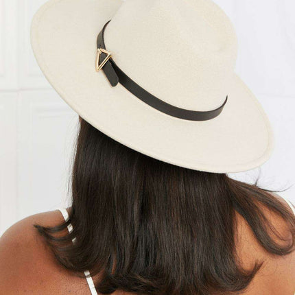 Elegant Beige Fedora Hat with Black Faux Leather Band and Gold Accent