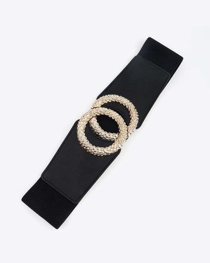 Elegant Circle Buckle Wide Stretch Belt in Premium PU with Unique Zinc Alloy Fastener