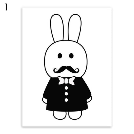 Charming Monochrome Cartoon Animal Canvas Art - Playful Home Accent