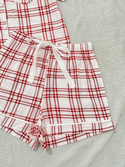 Cozy Plaid Lounge Set with Lapel Collar Shirt and Shorts