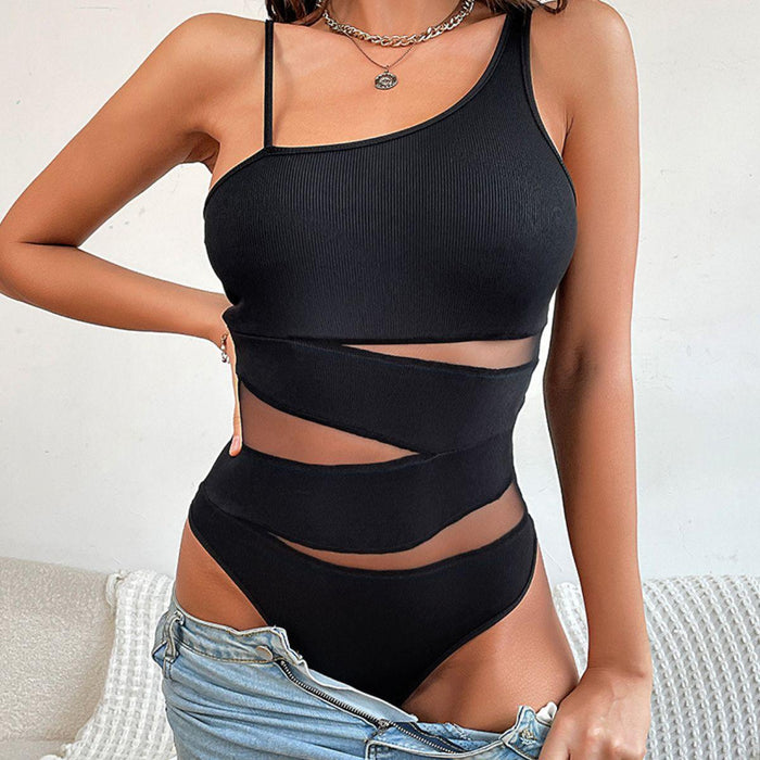 Flirtatious Asymmetrical Sleeveless Bodysuit with Seductive Cutout