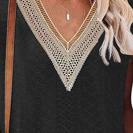 Elegant Eyelet Chevron V-Neck Tee with Stylish Openwork Design