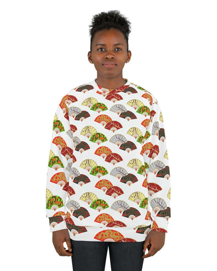 Cozy All-Over Print Crewneck Sweatshirt Featuring Japanese Fan Design