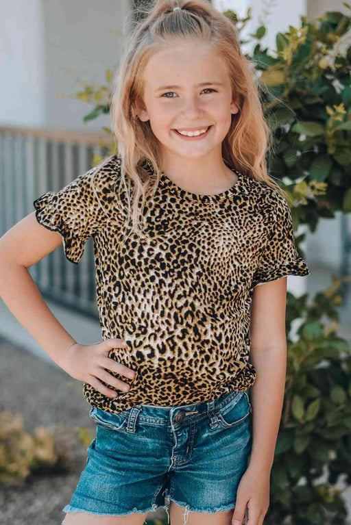Leopard Print Flounce Sleeve T-Shirt for Young Fashionistas