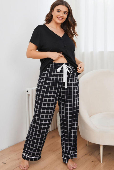 Cozy Plus Size Plaid Lounge Set with V-Neck Top and Pants