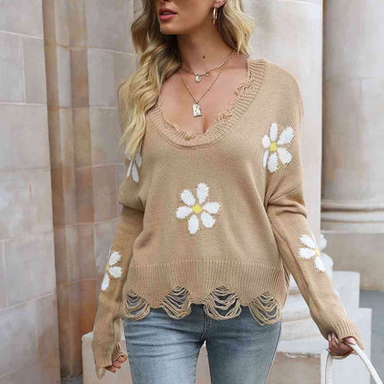 Cozy Blossom Distressed Knit Sweater