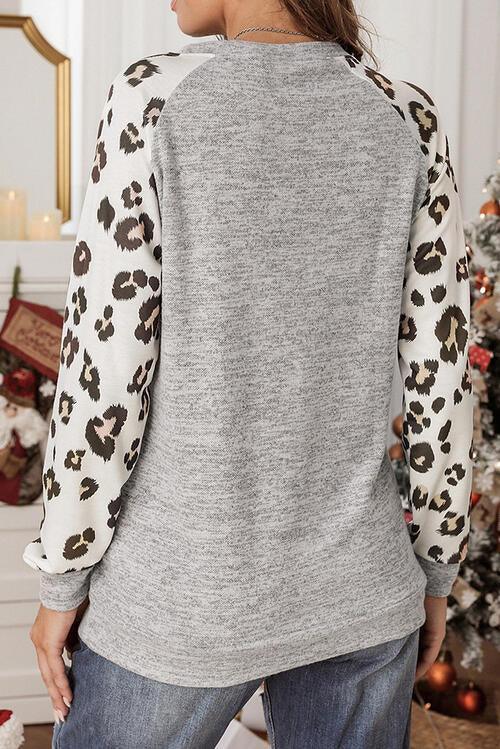 Leopard Print Round Neck Long Sleeve Tunic Top
