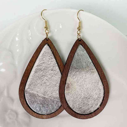 Rustic Elegance Cowhide Leather and Wood Teardrop Earrings - Bold Western-Inspired Statement Accessories