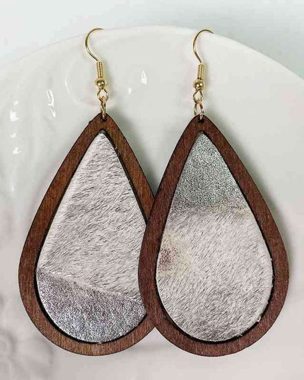 Rustic Elegance Cowhide Leather and Wood Teardrop Earrings - Bold Western-Inspired Statement Accessories