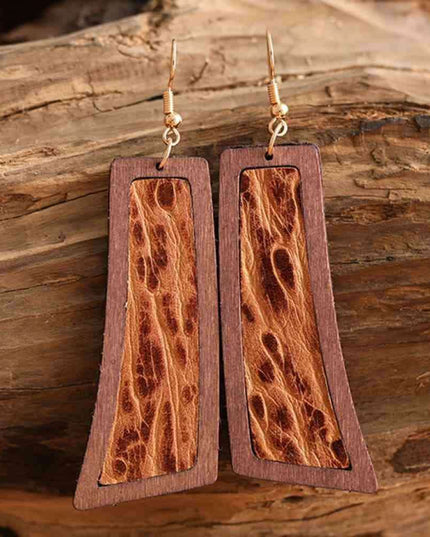 Rustic Western Wood and Leather Geometric Dangle Earrings
