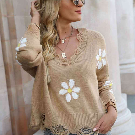 Cozy Blossom Distressed Knit Sweater