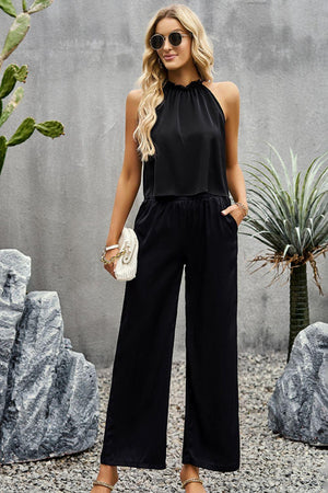 Grecian Neck Sleeveless Pocketed Top and Pants Set-Trendsi-Black-S-Très Elite