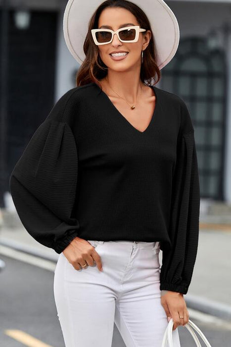 Cozy Vibe Waffle Knit V-Neck Top with Long Sleeves