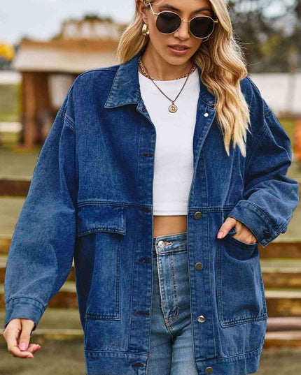Trendy Oversized Denim Coat with Stylish Collar and Functional Pockets
