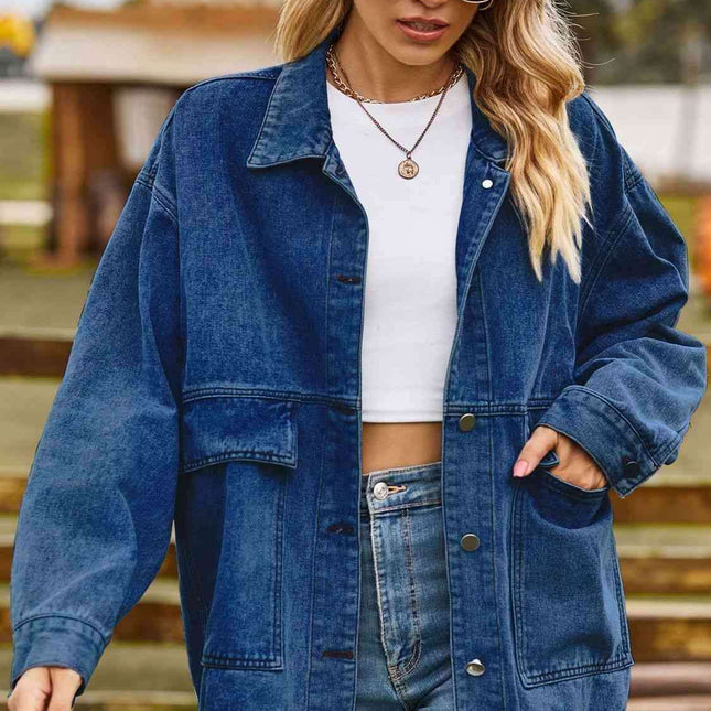 Trendy Oversized Denim Coat with Stylish Collar and Functional Pockets