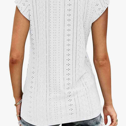 Elegant Eyelet Chevron V-Neck Tee with Stylish Openwork Design
