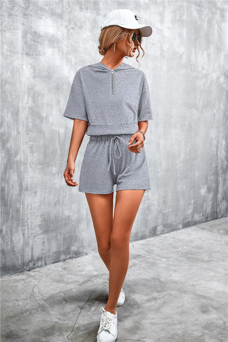 Casual Chic Half Zip Hooded Crop Top and Shorts Ensemble