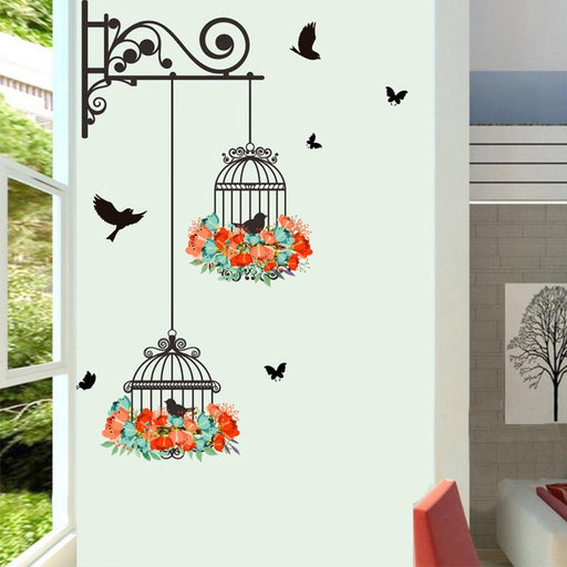 Vibrant Floral Birdcage Wall Decal with Birds - Colorful Window and Wall Sticker