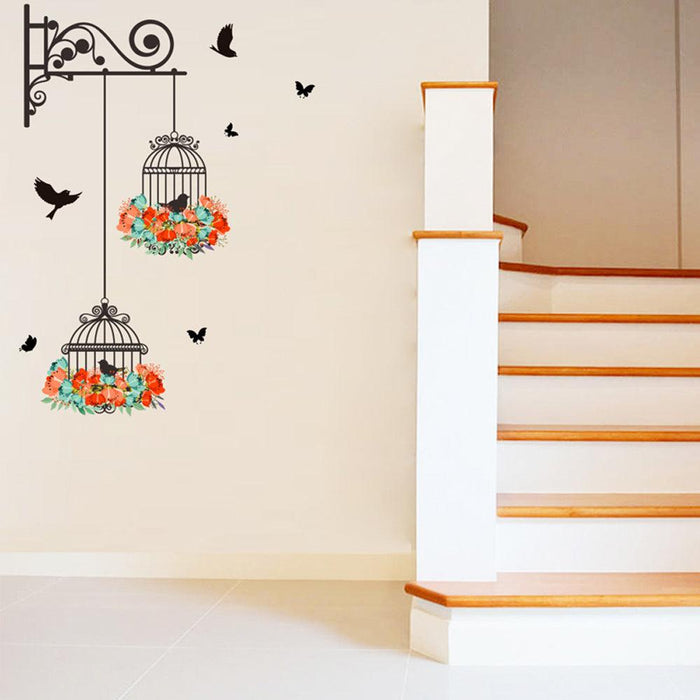 Floral Birdcage and Birds Wall Decal - Vibrant Window and Wall Sticker