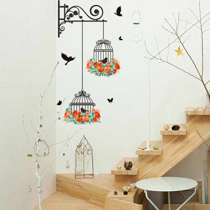 Vibrant Floral Birdcage Wall Decal with Birds - Colorful Window and Wall Sticker