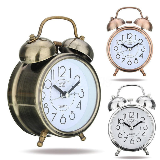 Classic Silent Double Bells Quartz Movement Bedside Table Retro Mini Alarm Clock - Très Elite