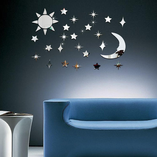 Stylish Celestial Sun, Moon, and Star Acrylic Mirror Wall Decor - 32-Piece Set