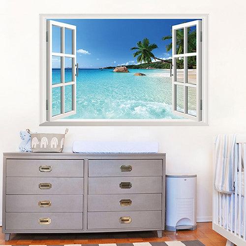 Home Decor Environmental 3D Window Ocean Beach View Removable Wall Sticker