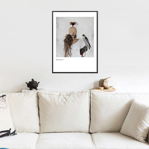 Nordic Artistry: Enigmatic Women and Bird Canvas Print for Chic Home Styling