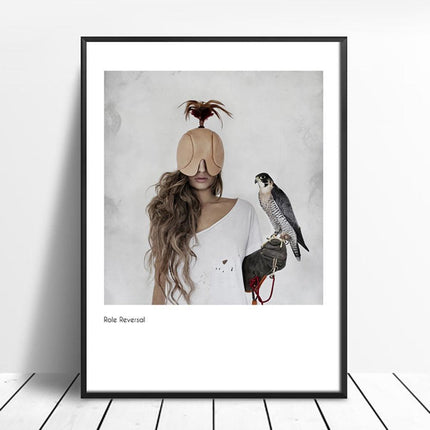 Nordic Charm: Enchanting Canvas Print of Masked Women and Birds for Chic Home Decor
