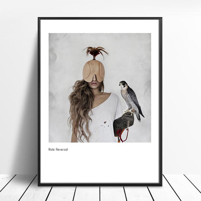 Nordic Elegance: Masked Women and Bird Art Canvas Print for Stylish Home Decor