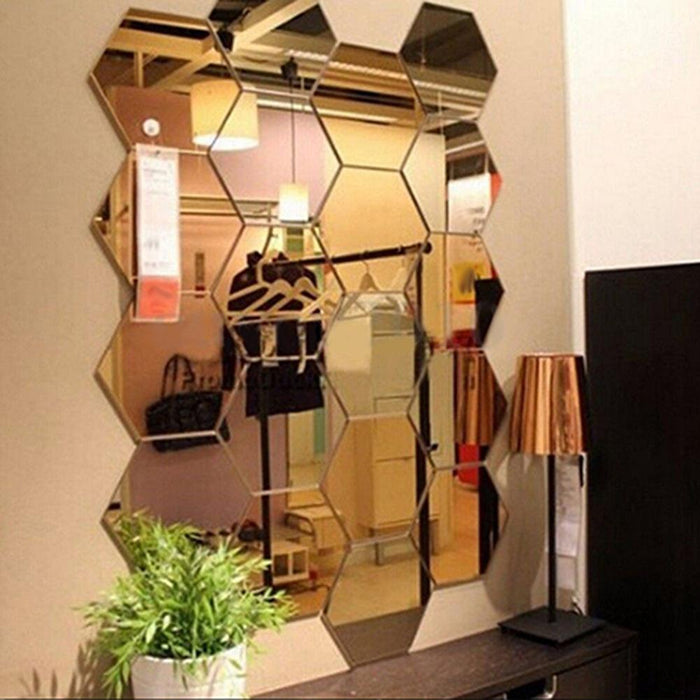 12-Piece Acrylic Mirror Hexagon Wall Art Decals for Home Decor