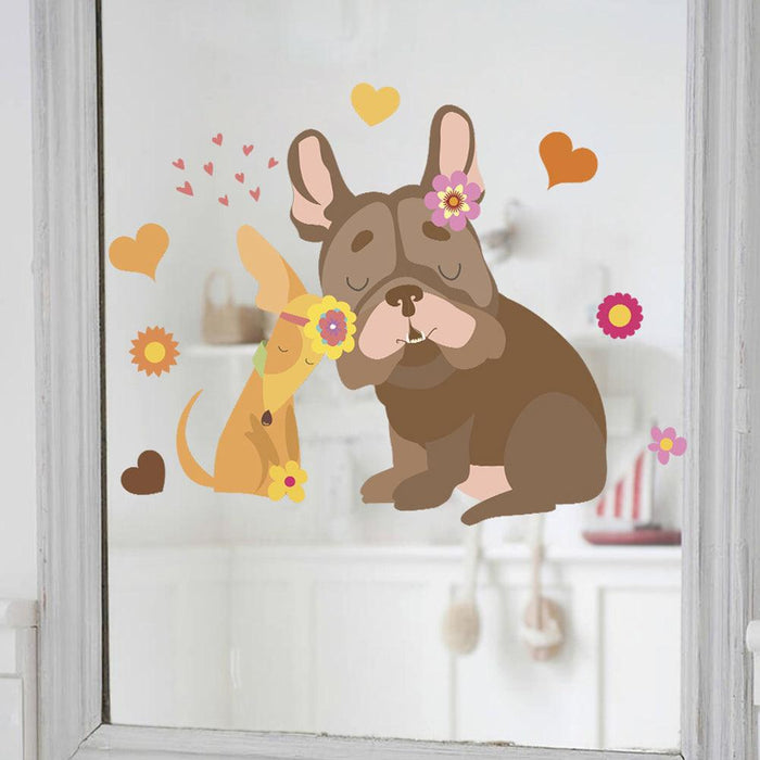 Lovable Cartoon Dog Flower Wall Decal for Romantic Home Decor