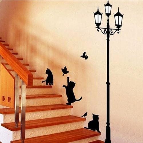 Charming Cat and Lantern Peel-and-Stick Wall Art for Kids' Enchanted Spaces