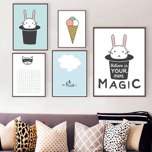 Whimsical Bunny and Ice Cream Wall Art Painting for Home Decor