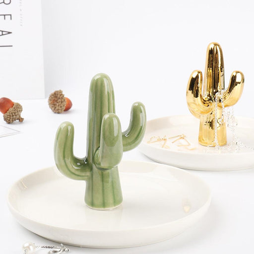 Charming Cactus-Shaped Ceramic Jewelry Organizer with Tray