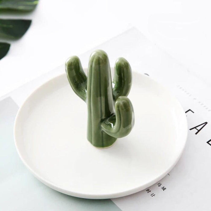 Charming Cactus-Shaped Ceramic Jewelry Organizer with Tray
