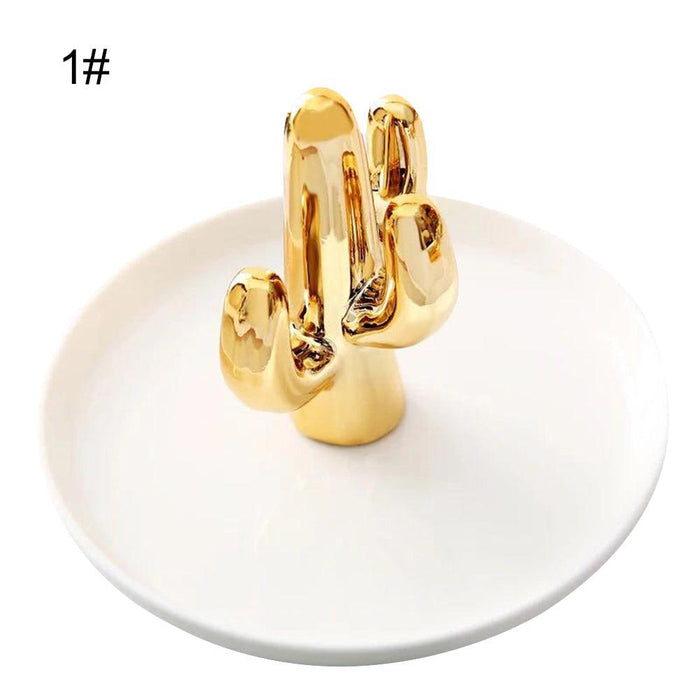 Cute Cactus-Shaped Ceramic Jewelry Holder Set with Tray