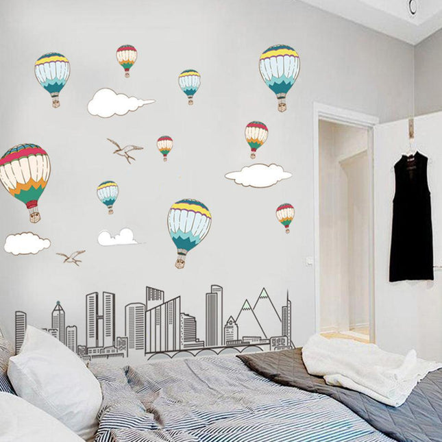 Whimsical Hot Air Balloon Cityscape Wall Decal for Joyful Home Decor