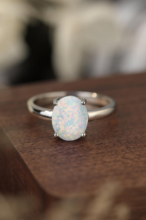 Opal Solitaire Ring in Sterling Silver with Platinum Plating