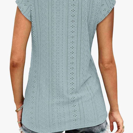 Elegant Eyelet Chevron V-Neck Tee with Stylish Openwork Design