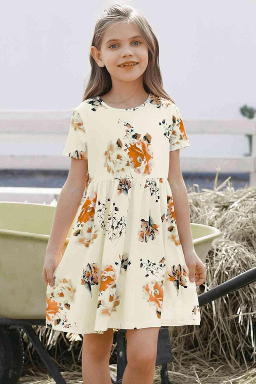 Floral Chic Girls Short Sleeve Dress with Round Neck