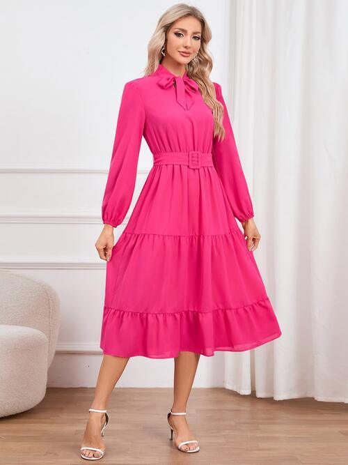 Elegant Tie Neck Tiered Dress with Long Sleeves