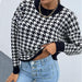 Houndstooth Print Knit Sweater with Relaxed Drop Shoulder Cut