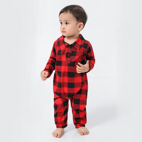 Plaid Collared Neck Baby Jumpsuit with Long Sleeves