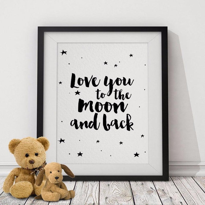 Moonlit Love Frameless Wall Art - Elegant Nursery Decor with "Love You to The Moon" Design