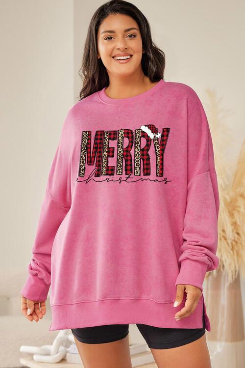 Winter Wonderland Cozy Plus Size Round Neck Slit Sweatshirt for Festive Cheer