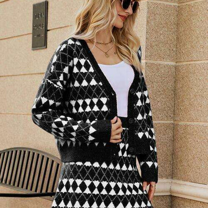 Elegant Geometric Knit Cardigan and Skirt Set