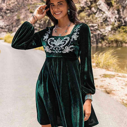Sophisticated Long Sleeve Embroidered Square Neck Dress
