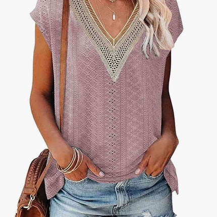 Elegant Eyelet Chevron V-Neck Tee with Stylish Openwork Design